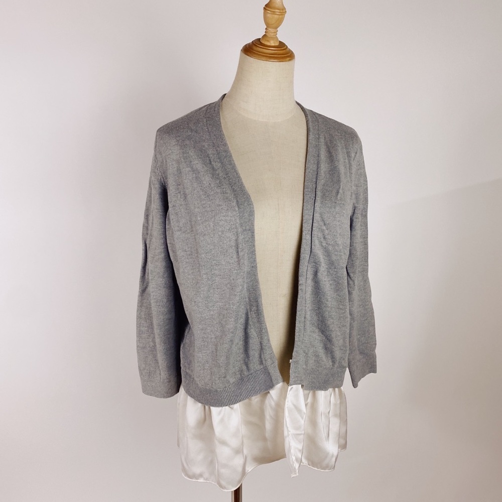 LOFT Open Front Layered Look Satin Hem Cardigan Gray Ivory Womens Medium
